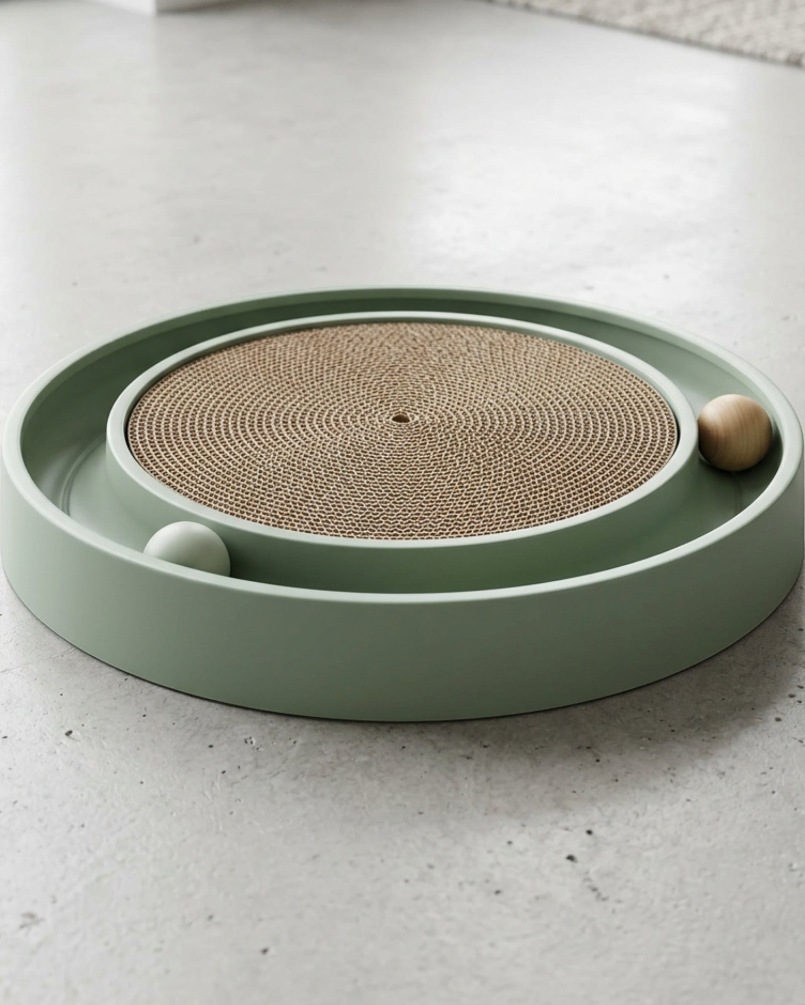 Jmxkb Round Track Corrugated Cat Scratcher 16 Inch Sage - Lifestyle view